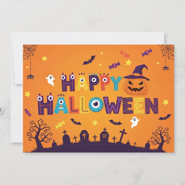 Farbenfrohe Buchstaben Spooky Halloween Einladung (Vorderseite)