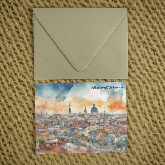 Farbenfrohe Bukarest Rumänien Aquarelle Stadtansic Postkarte (Colorful bucharest romania watercolor postcard)