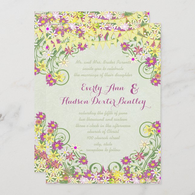 Farbenfrohe bunt Pennant Wirble Blumenhochzeit Einladung (Vorne/Hinten)
