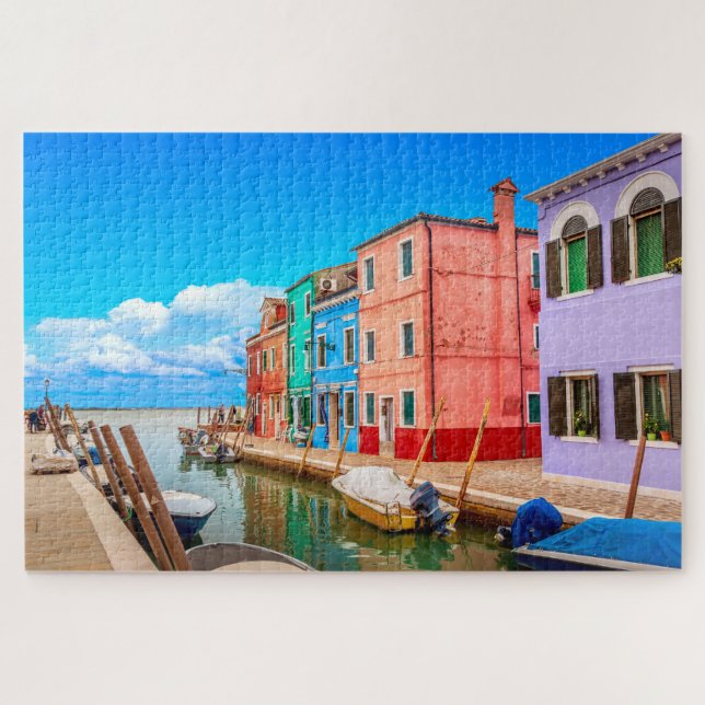 Farbenfrohe Burano Häuser mit Boote Venedig Italie Puzzle (Horizontal)