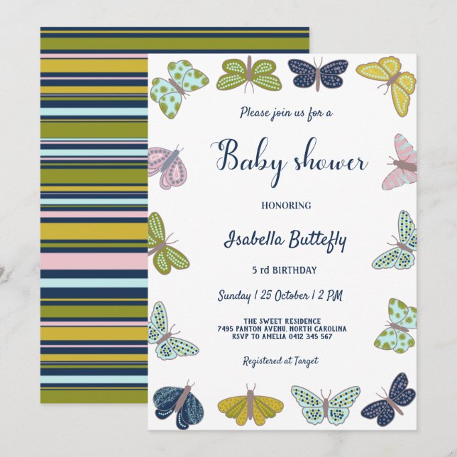 Farbenfrohe Butterfly Summer Baby Dusche Einladung (Vorne/Hinten)