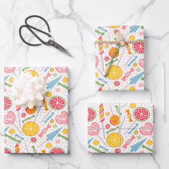 Farbenfrohe Candy Explosion Lollipop Orange Rosa Geschenkpapier Set (Vorderseite)