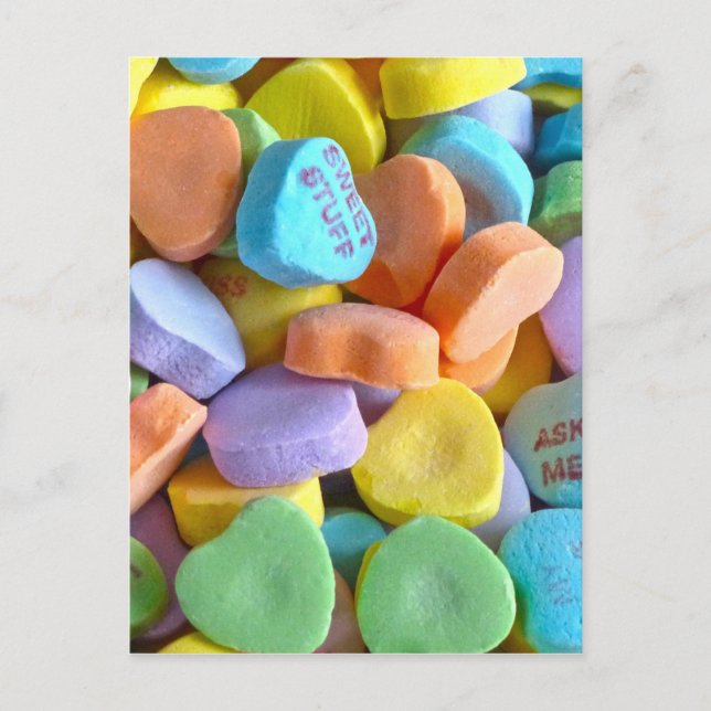 Farbenfrohe Candy Hearts Postkarte (Vorderseite)