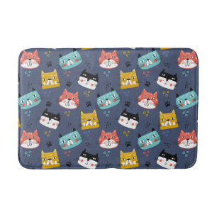 Farbenfrohe Cartoon Katzengesichte auf blauem Bath Badematte