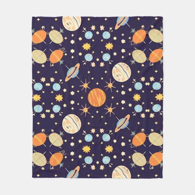 Farbenfrohe Cartoon Planeten und Sterne Fleecedecke (Vorderseite)