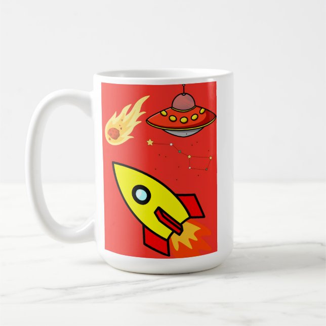 Farbenfrohe Cartoon Space Adventure Rocket, UFO Kaffeetasse (Links)