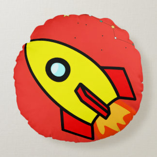 Farbenfrohe Cartoon Space Adventure Rocket, UFO Rundes Kissen