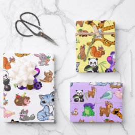 Farbenfrohe Cartoon Tiere Geschenkpapier Set