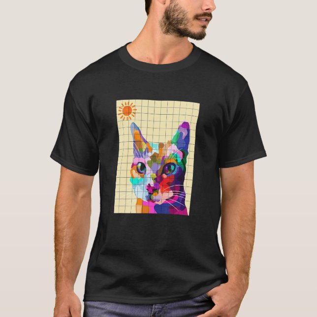 Farbenfrohe Cat Pop Art T-Shirt (Vorderseite)
