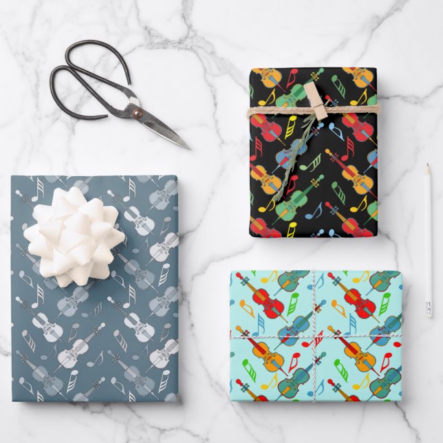 Farbenfrohe Cello-Musiknoten, die Papierblätter um Geschenkpapier Set (Vorderseite)