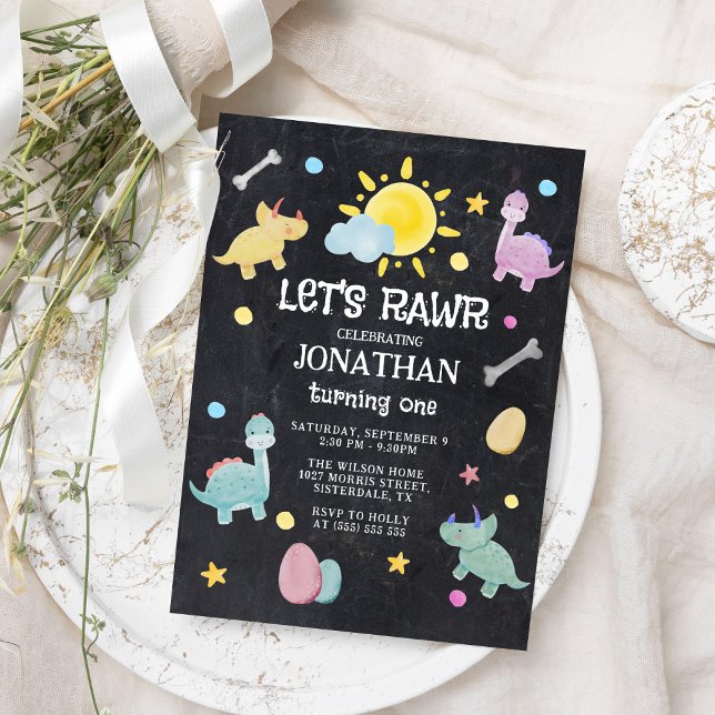 Farbenfrohe Chalkboard Dinosaur 1. Geburtstag Einladung (Von Creator hochgeladen)