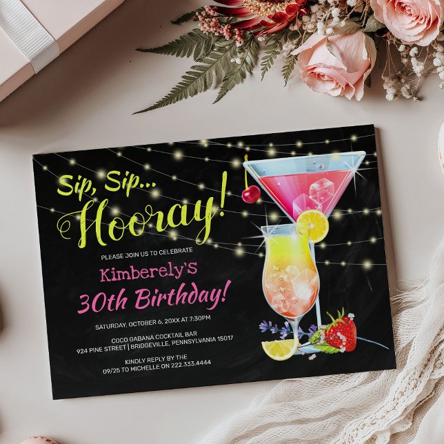 Farbenfrohe Chalkboard Sip Sip Hooray BIrthday Par Einladung (Von Creator hochgeladen)