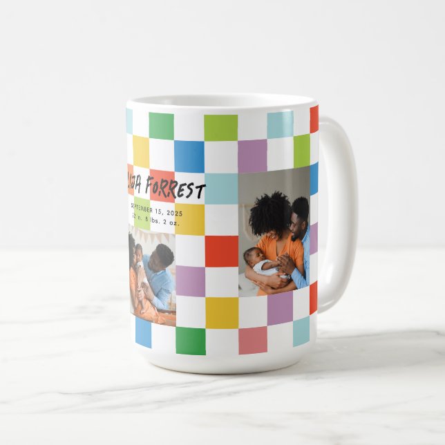 Farbenfrohe Checkerboard 3 Foto Baby Birth Stats Kaffeetasse (VorderseiteRechts)