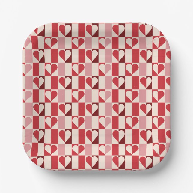 Farbenfrohe Checkerboard Herz Valentine Paper Tell Pappteller (Vorderseite)
