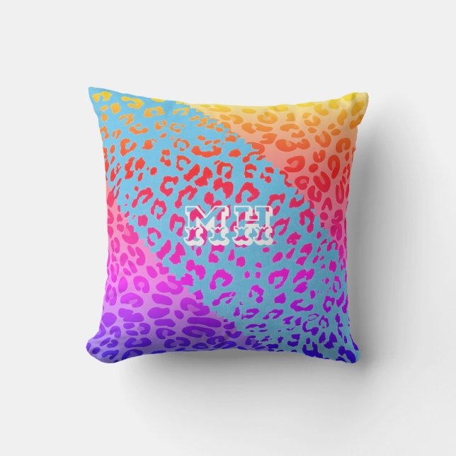 Farbenfrohe Cheetah Print Rainbow Initialen Monogr Kissen (Vorderseite)
