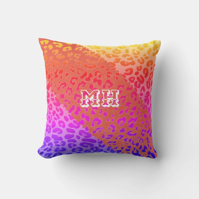 Farbenfrohe Cheetah Print Rainbow Initialen Monogr Kissen (Vorderseite)