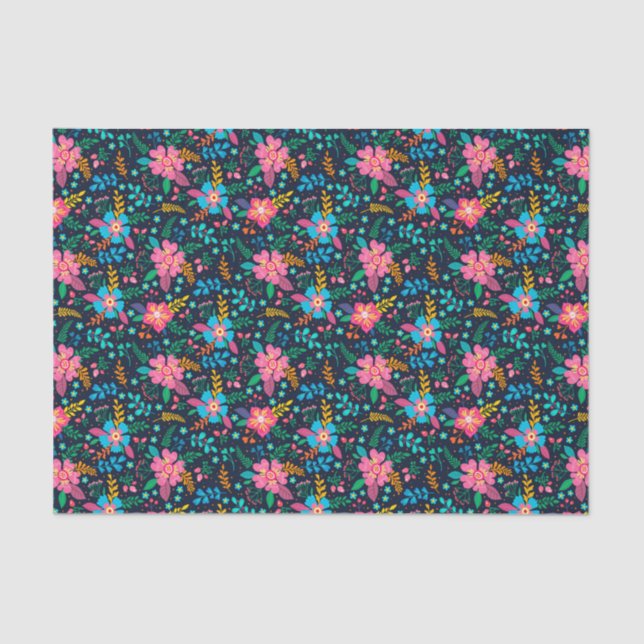 Farbenfrohe Chic Pink Blue Wildblume Blumenmuster Seidenpapier (Vorderseite)