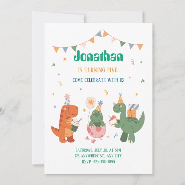 Farbenfrohe Childinosaurier Einladung (Vorderseite)
