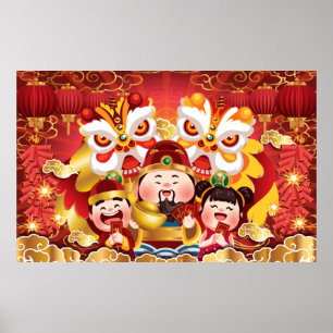 Farbenfrohe chinesische New Year Drachen & People Poster