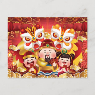 Farbenfrohe chinesische New Year Drachen & People Postkarte