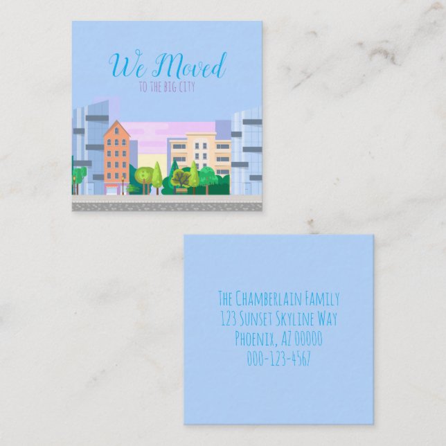 Farbenfrohe City Skyline Wir bewegten Zuhause-Adre Quadratische Visitenkarte (Vorne/Hinten)