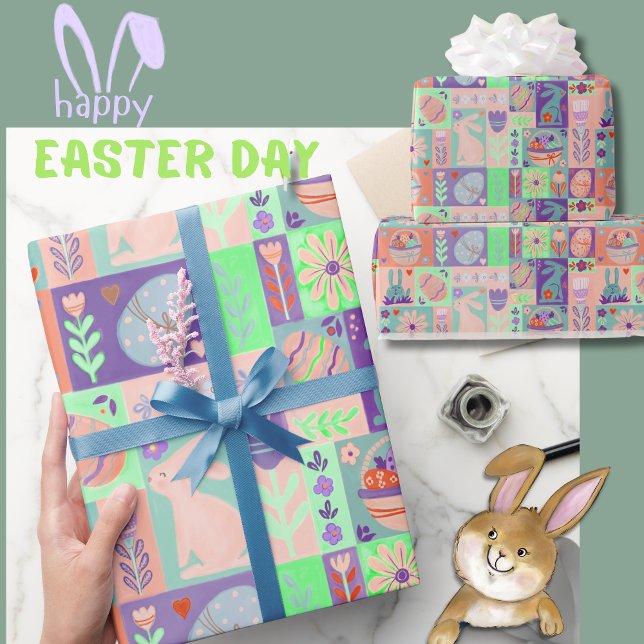 Farbenfrohe Collage Rosa Lila Ostern grün Geschenkpapier (Colorful Collage Pink Green Purple Easter Wrapping Paper)