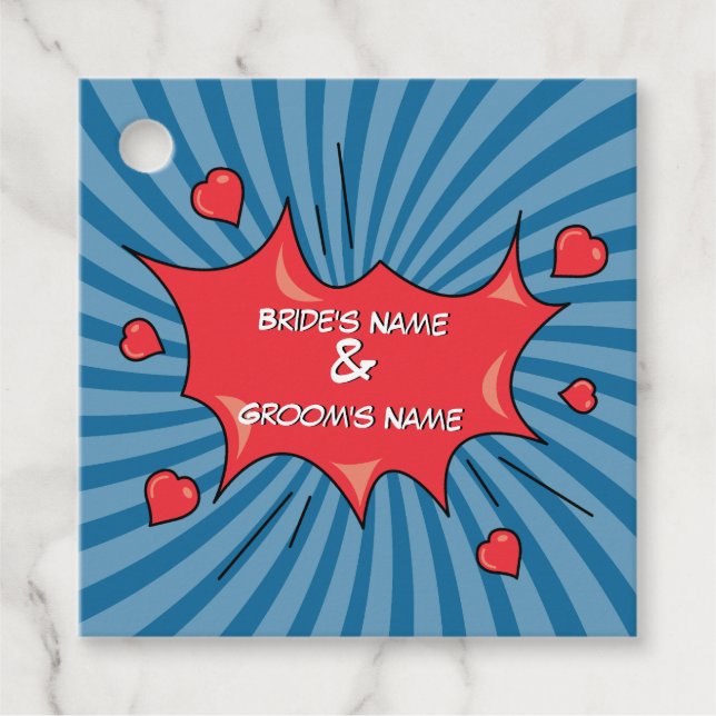 Farbenfrohe Comic Buch Pop Hochzeit Geschenkanhänger (Vorderseite)