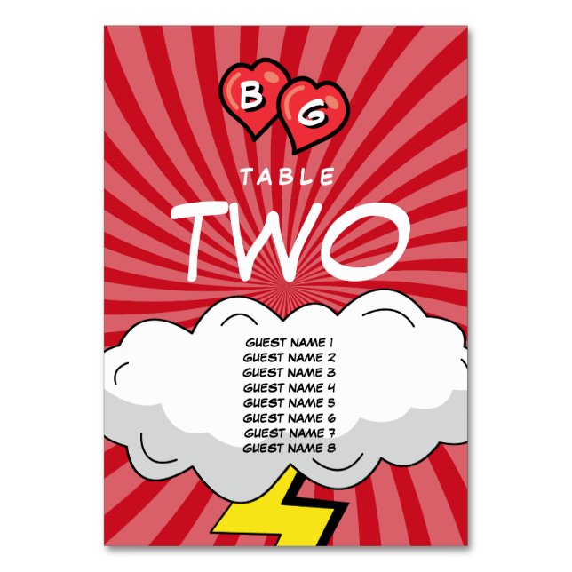 Farbenfrohe Comic Buch Pop Hochzeit Tischnummer (Vorderseite)