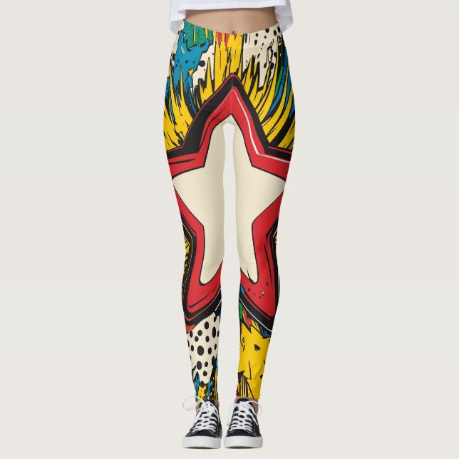Farbenfrohe Comic Pop Kunst Sternexplosion Explosi Leggings (Vorderseite)