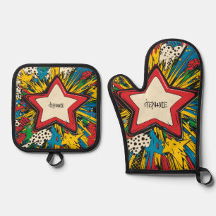 Farbenfrohe Comic Pop Kunst Sternexplosion Explosi Ofenhandschuh & Topflappen-Set
