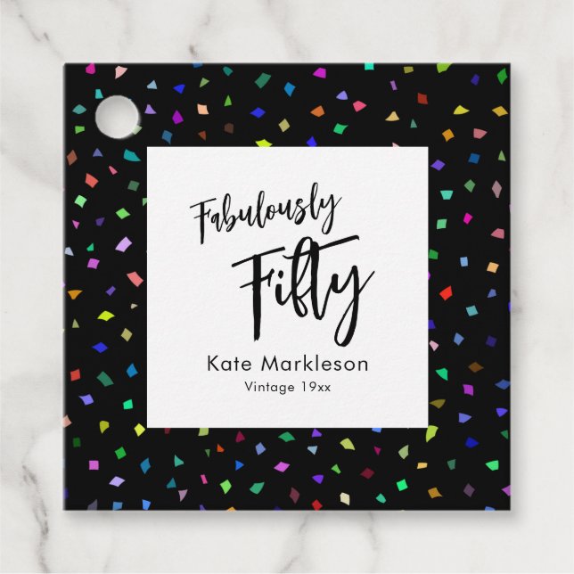 Farbenfrohe Confetti fabelhaft fifty Black & White Geschenkanhänger (Vorderseite)