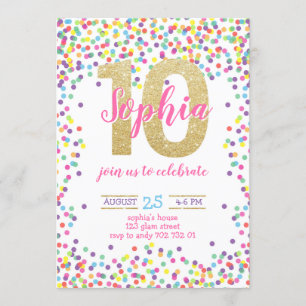 Farbenfrohe Confetti Gold Number Girl 10. Geburtst Einladung