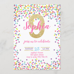 Farbenfrohe Confetti Gold Number Girl 9. Geburtsta Einladung