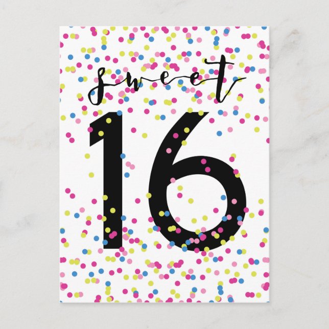 Farbenfrohe Confetti Sweet 16 Postkarte (Vorderseite)