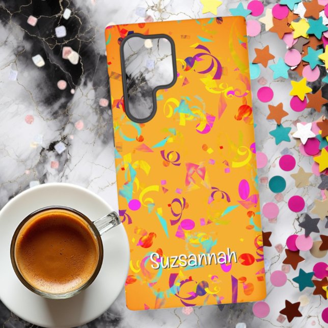 Farbenfrohe Confetti Toss über Orange Personalisie Samsung Galaxy Hülle (phone case back with template text)