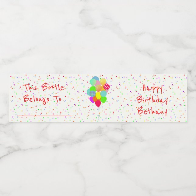 Farbenfrohe Confetti und Balloons Wasserflaschenetikett (Einzelnes Label)