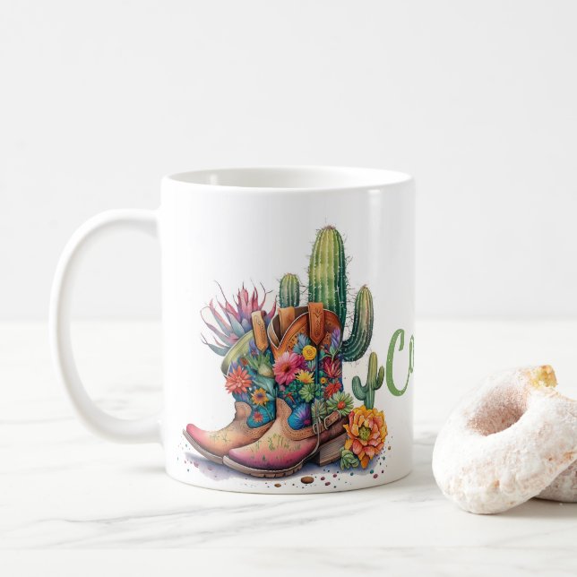 Farbenfrohe Cowgirl Stiefel Blume und Kakteen Kaffeetasse (Mit Donut)