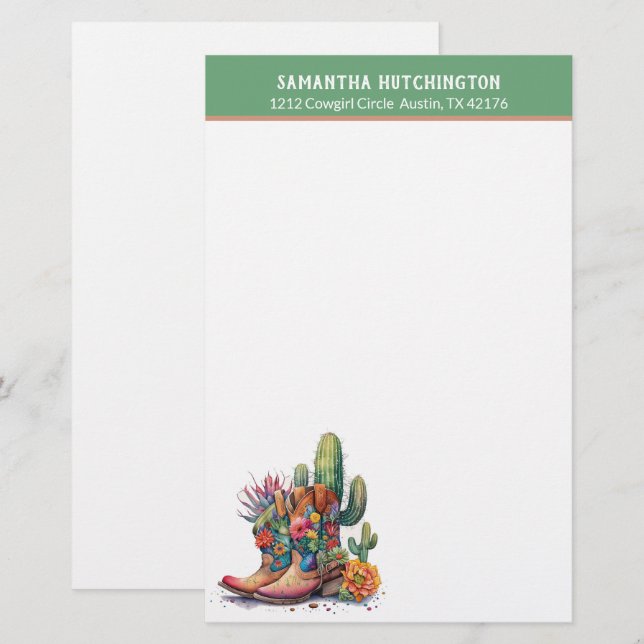 Farbenfrohe Cowgirl Stiefel mit Blume und Kakteen Briefpapier (Vorne/Hinten)