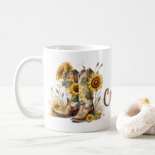 Farbenfrohe Cowgirl Stiefel und Sonnenblumen Kaffeetasse