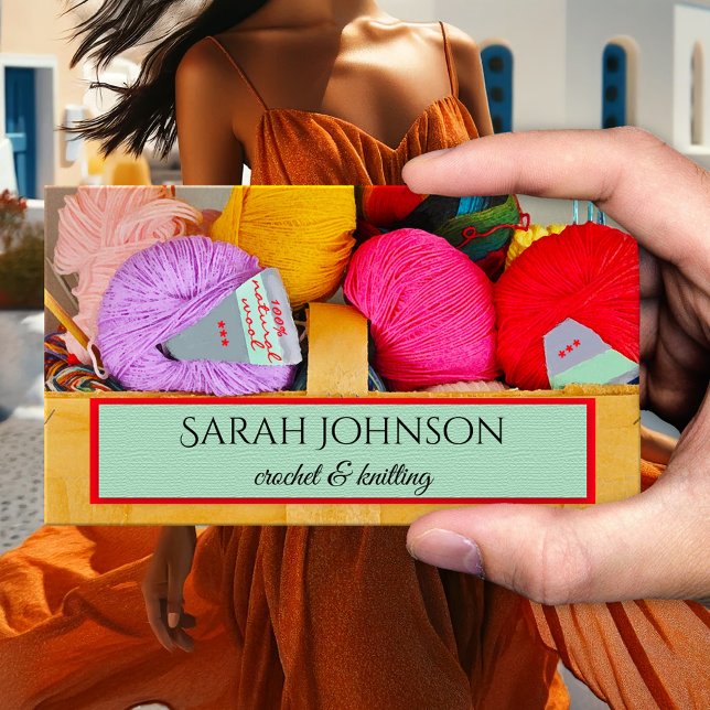Farbenfrohe Crochet and Knitter Wool Business Card Visitenkarte (Business card featuring a basket with wool in bright colors - artisan - handmade - knitted - maker)