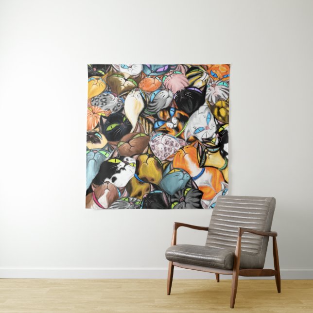 Farbenfrohe Cuddling Cats Tapestry - Malerei Wandteppich (Beispiel)