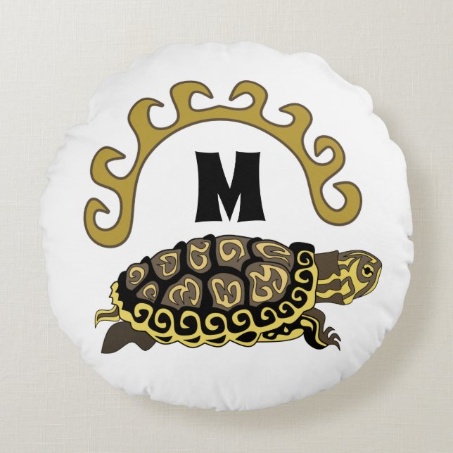 Farbenfrohe Cumberland Slide Turtle Monogram Rundes Kissen (Vorderseite)