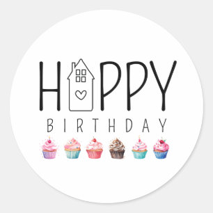 Farbenfrohe Cupcake House Happy Birthday Realty Runder Aufkleber