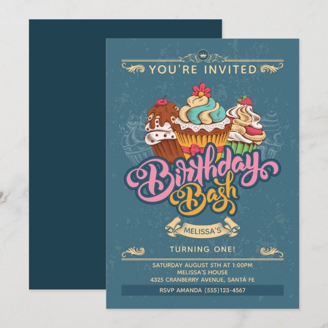 Farbenfrohe Cupcake-Süßigkeiten am Blue Birthday Einladung (Vorne/Hinten)