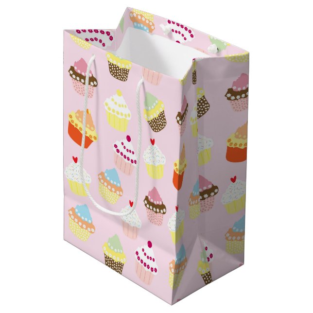 Farbenfrohe Cupcakes-Geschenktasche Mittlere Geschenktüte (Vorderseite Schrägansicht)