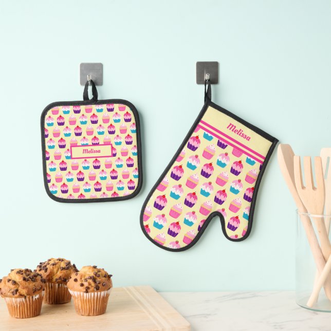 Farbenfrohe Cupcakes Ofenhandschuh & Topflappen-Set (Insitu (Hängend))