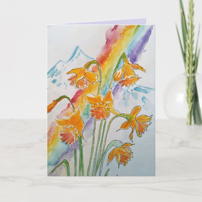 Farbenfrohe Daffodin Regenbogen Aquarell Grüße Karte (Vorderseite)
