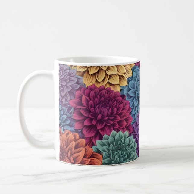 Farbenfrohe Dahlien-Blumenmuster Kaffeetasse (Links)