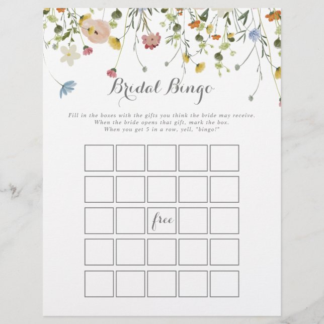 Farbenfrohe Dainty Wild Blume Bridal Bingo Game (Vorderseite)