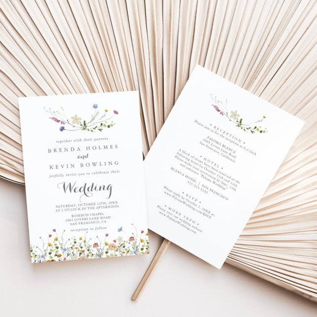 Farbenfrohe Dainty Wild Blume Front & Back Wedding Einladung (Von Creator hochgeladen)